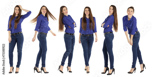 Collage  beautiful women in blue jeans and blue shirt