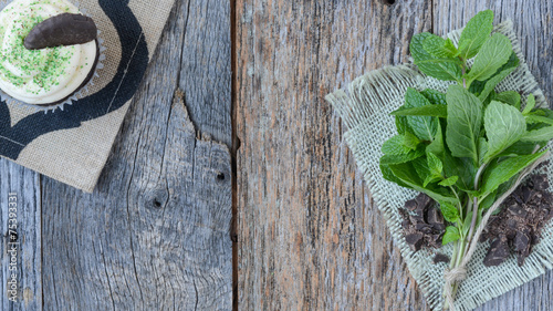 Mint Cupcake With Fresh Mint Leaves on Wood Background