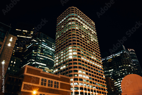 Buildings in the Financial District at night, in Boston, Massach