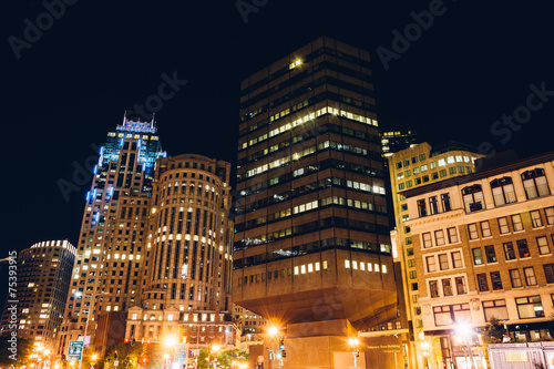 Buildings in the Financial District at night, in Boston, Massach