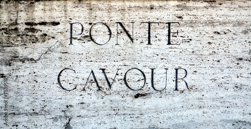 Canvas Print Stone plaque on Ponte Cavour in Rome, Italy
