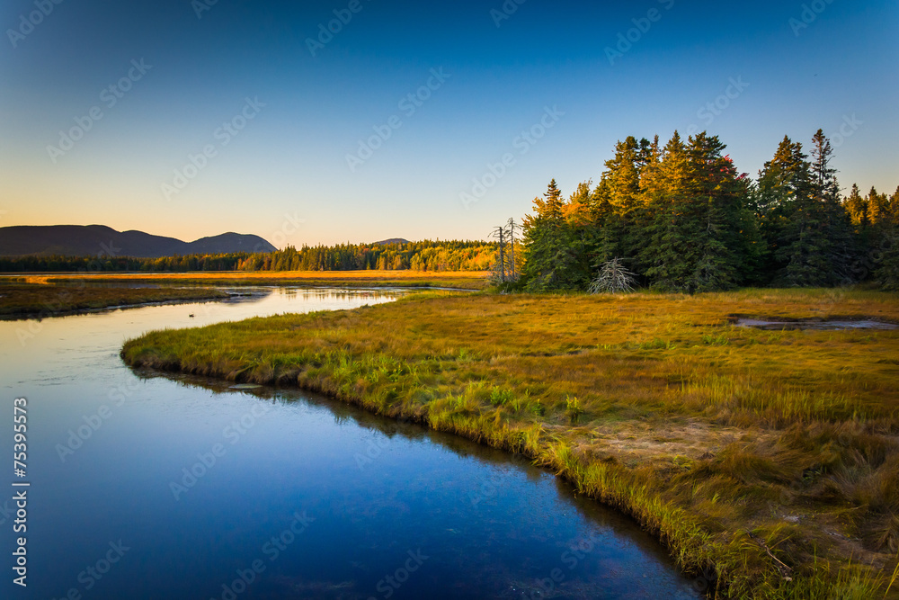 Evening light on a stream and mountains near Tremont, in Acadia