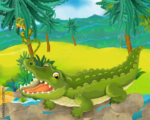 Cartoon scene - wild South America animals - crocodile - illustration for the children