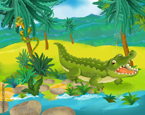Cartoon scene - wild South America animals - crocodile - illustration for the children