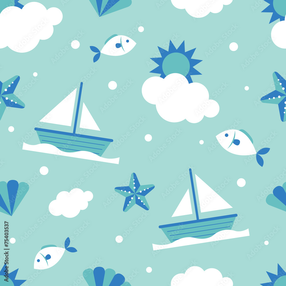 Seamless Pattern: Summer, Fish and Ship