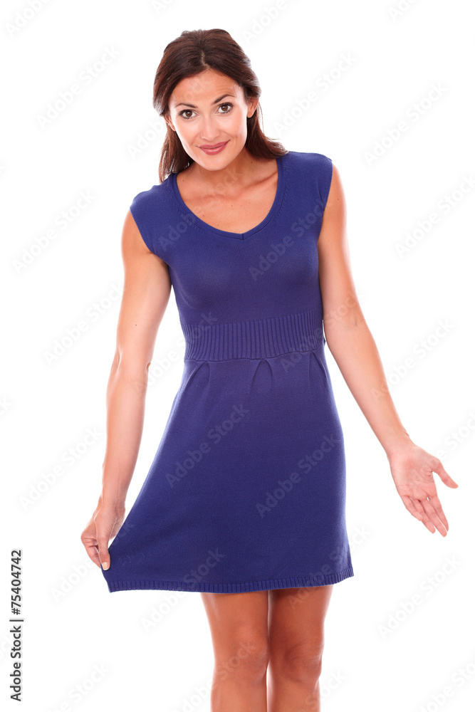 Lovely hispanic woman in purple dress smiling Lovely hispanic woman in purple dress smiling