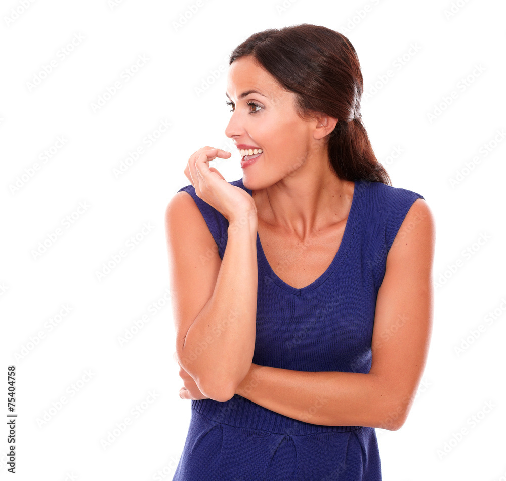 Pretty hispanic woman smiling with excitement Pretty hispanic woman smiling with excitement