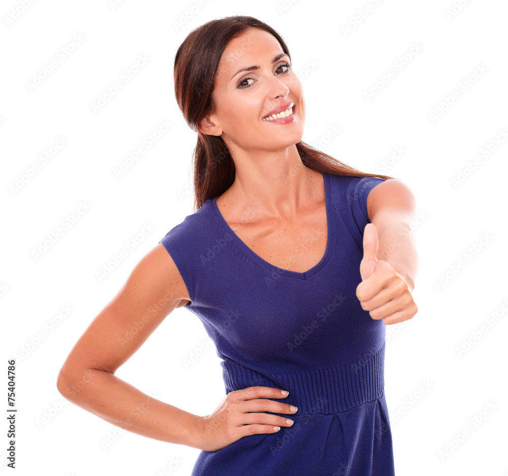 Fototapeta premium Friendly woman in purple dress with ok sign