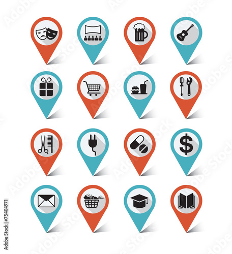 Map markers, GPS icons set : Destination, Place