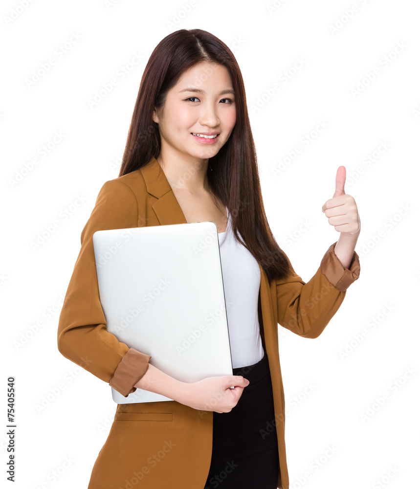 Businesswoman with laptop and thumb up Businesswoman with laptop and thumb up