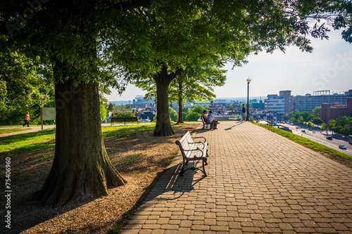 Trees and benches along a path at Federal Hill Park, Baltimore, photo