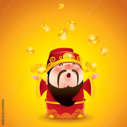 Chinese God of Wealth. Falling gold bullions.