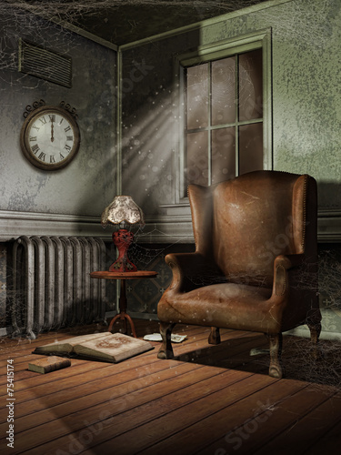 Stary pokój z fotelem, zegarem i lampą