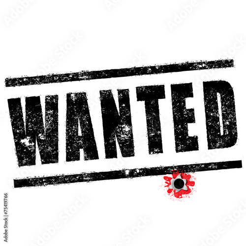 Stamp rubber Wanted with projectile and red blood vector.