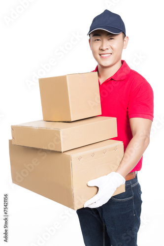 delivery man carrying cardboard box