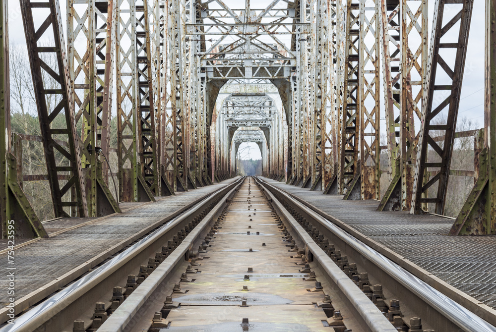 Naklejka premium Railway trucks going through bridge