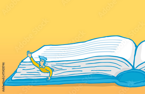 Man trapped while reading or studying a huge book