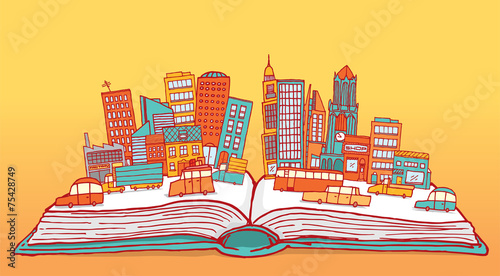 Open book displaying a busy city