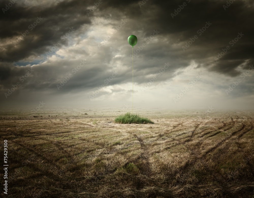 Surreal artistic illustration with a balloon on dry grass - obrazy, fototapety, plakaty 