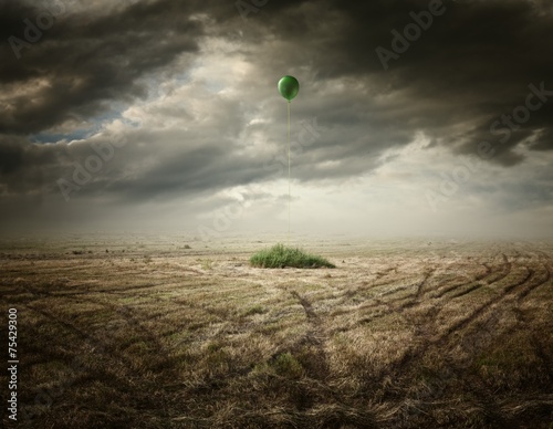 Obraz na płótnie Surreal artistic illustration with a balloon on dry grass