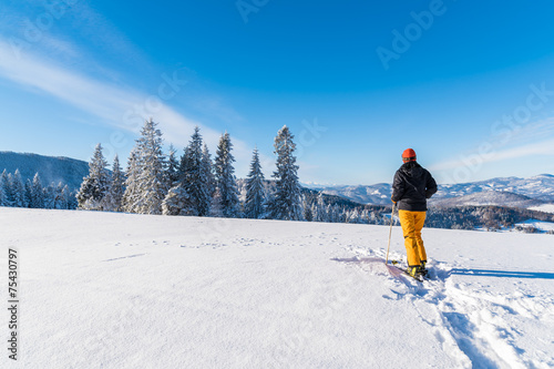 Skier on track in winter landscape, Beskid Mountains, Poland