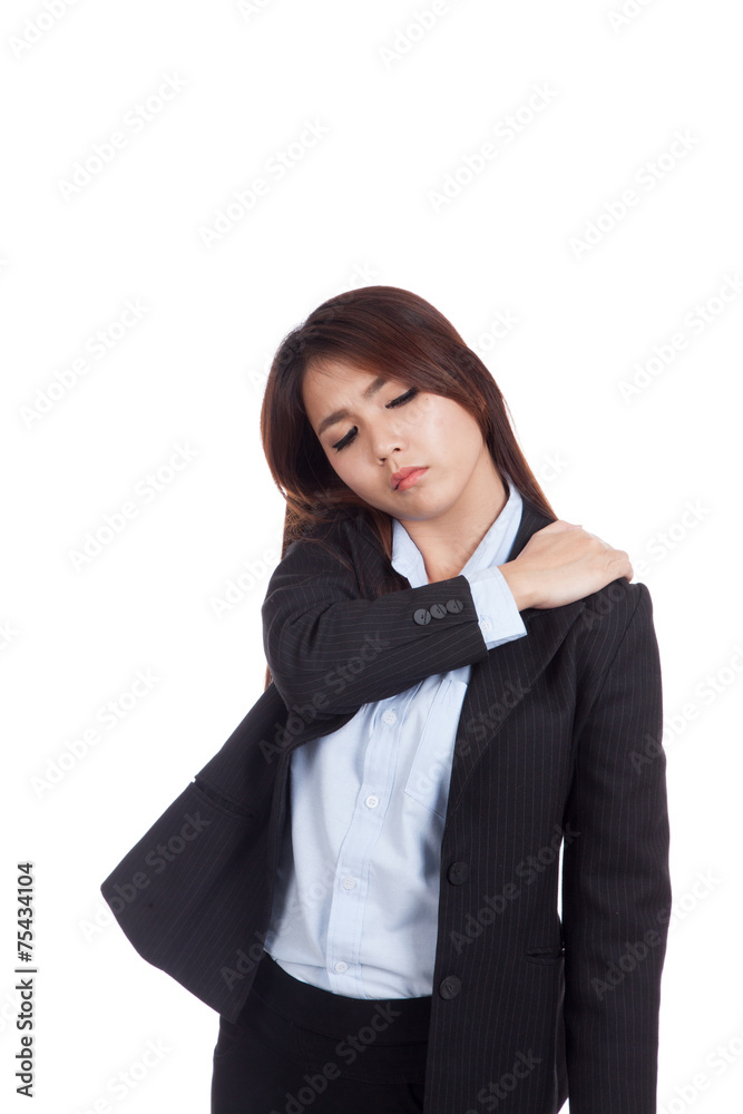 Young Asian businesswoman got shoulder pain Young Asian businesswoman got shoulder pain