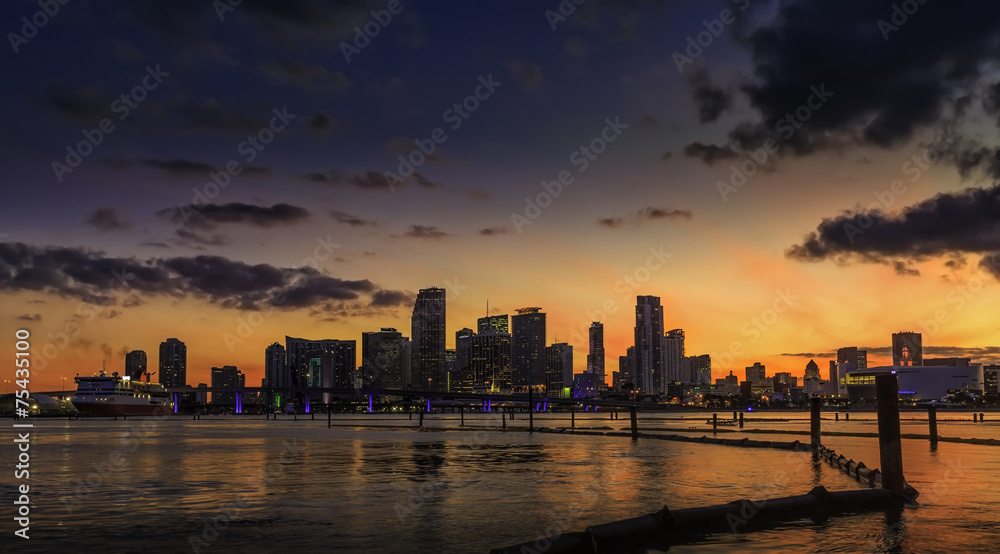 Miami city skyline at dusk with reflections