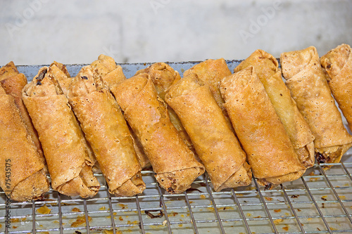 Fried spring rolls many in market Thailand.