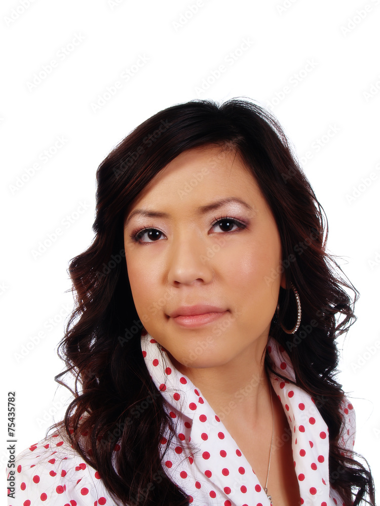 Portrait Young Attractive Asian Woman Polka Dot Shirt Portrait Young Attractive Asian Woman Polka Dot Shirt