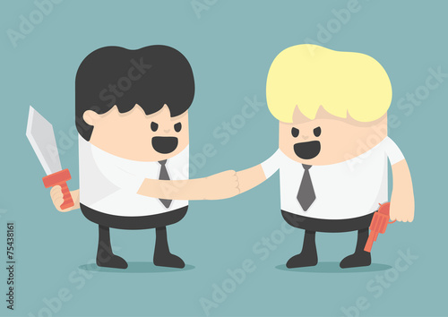 Businessman shaking hands  while holding weapon