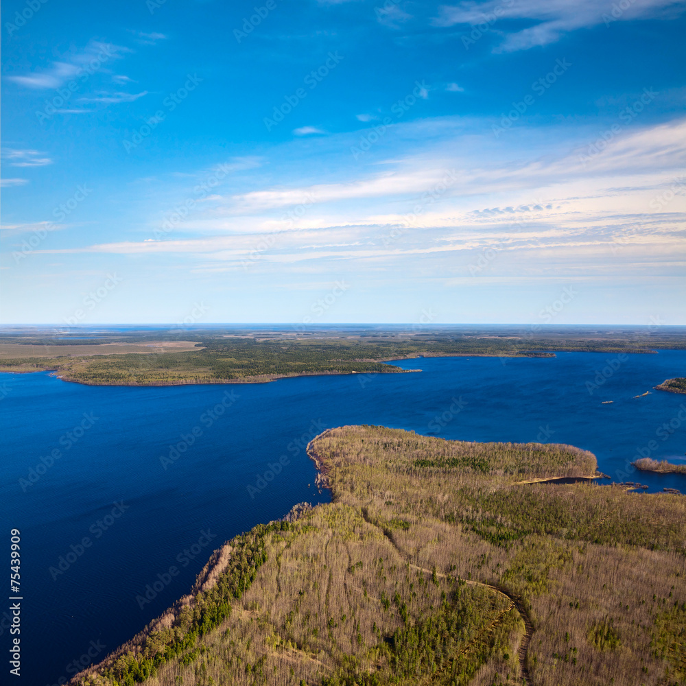 Obraz premium Forest lake in spring, top view