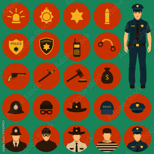 vector security icon, police, law, crime badge set illustration