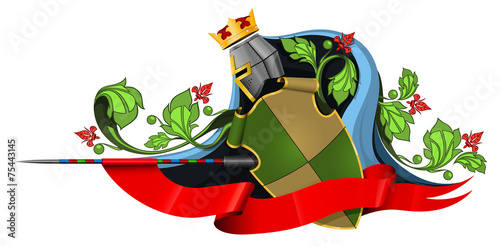 the coat of arms with shield, helmet, red ribbon and leaves