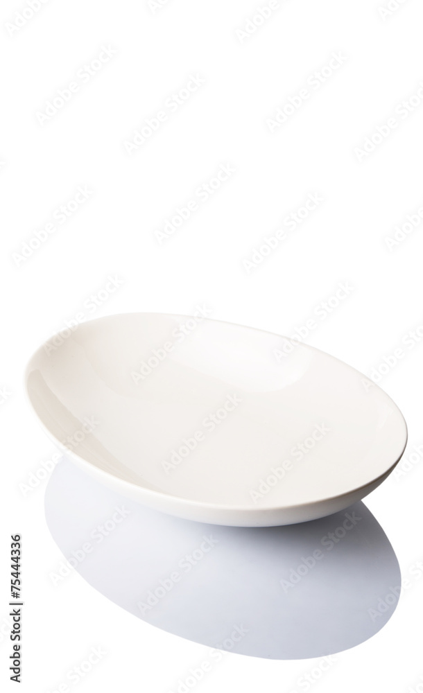 Empty white oval salad bowl over white background 
