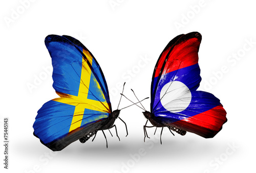 Two butterflies with flags Sweden and Laos