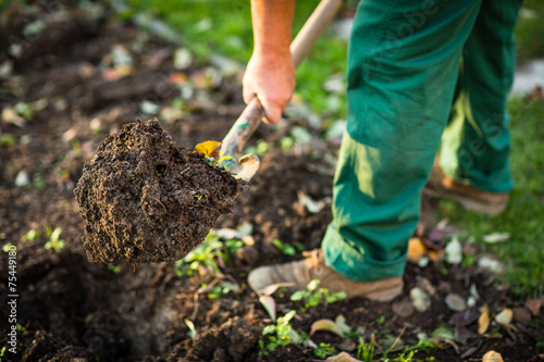 Fototapete Gartenarbeit - Mann, der den Gartenboden mit einem Spud gräbt