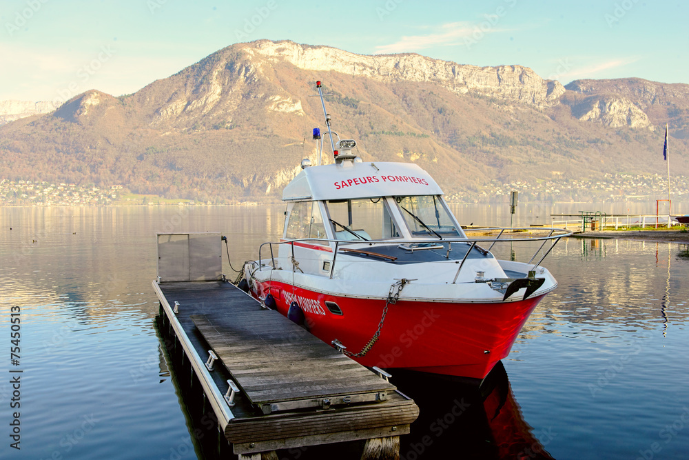 Firefighter boat moored at the dock