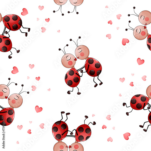 Seamless pattern with cute couple of lady bugs kissing.