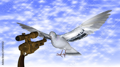 Dove in the air with wings wide against a gun