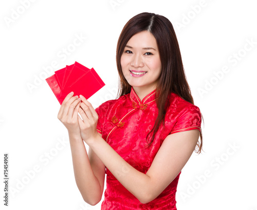 Woman hold with red pocket