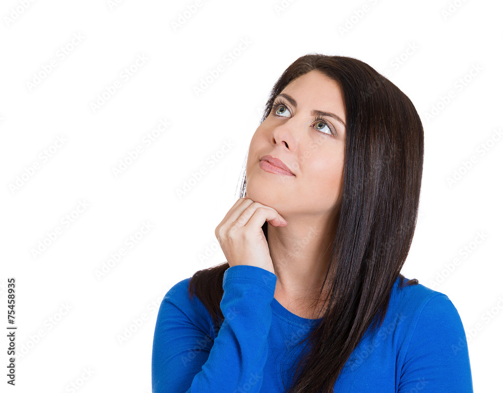 happy beautiful woman thinking daydreaming looking up happy beautiful woman thinking daydreaming looking up
