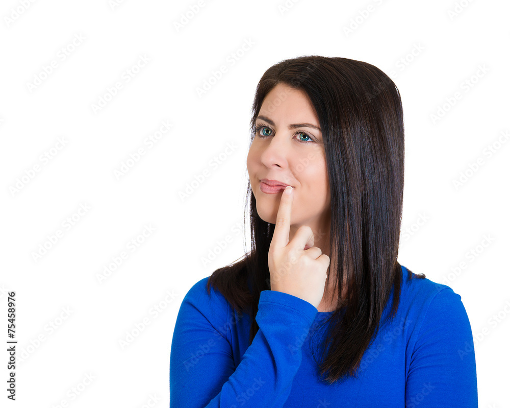 Portrait happy beautiful woman thinking looking up Portrait happy beautiful woman thinking looking up