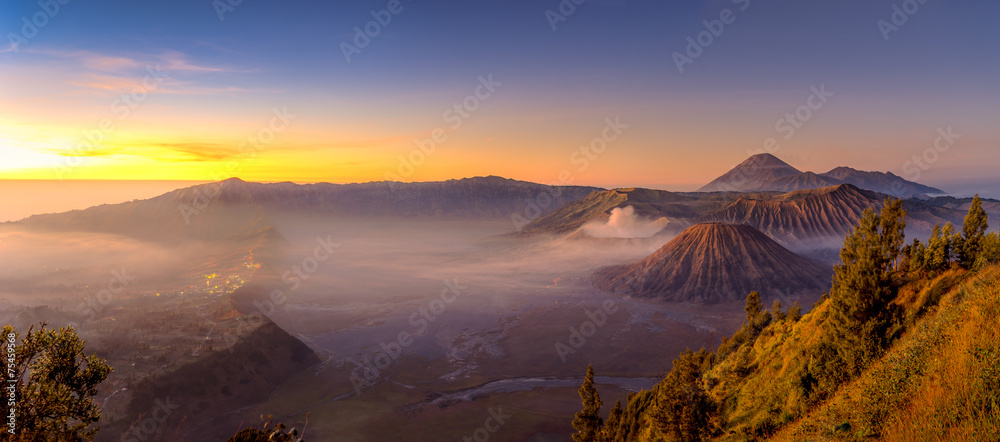 Panoramic view of Bromo active volcano mountain in a beautiful morning ...