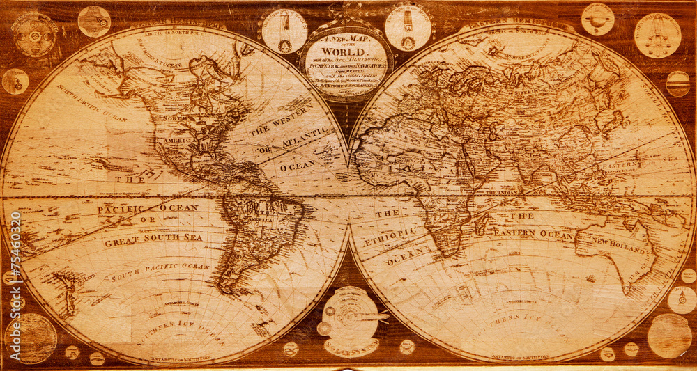 old wooden map of northern and southern hemispheres earth Stock ...