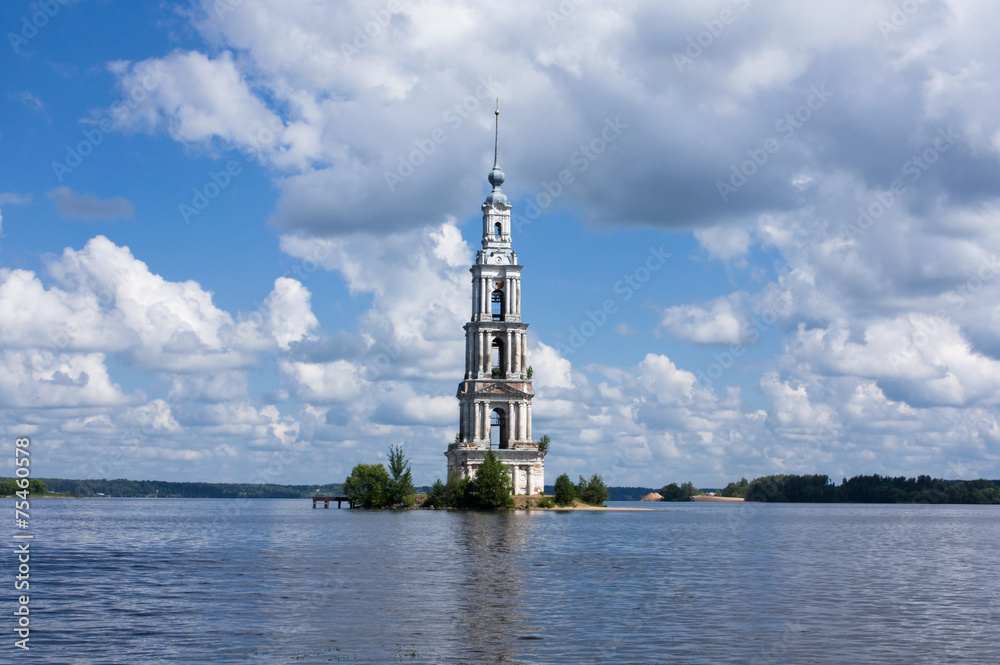 Belltower on river Volga, Kalyazin, Russia 