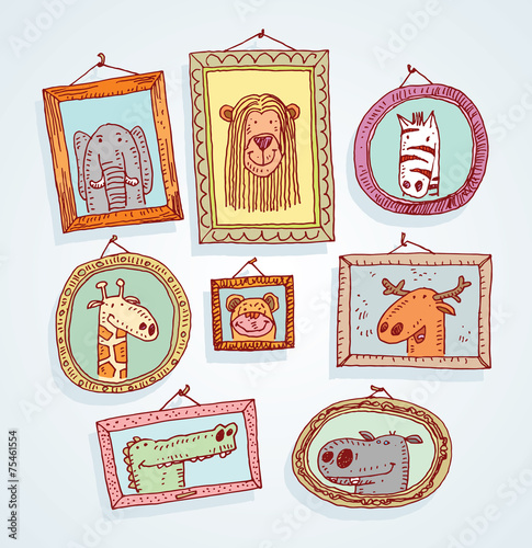 Set picture frames with animals portrait,vector illustration.