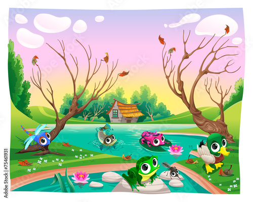 Funny animals in the pond