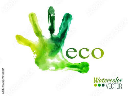 Vector watercolor green handprint. Ecology concept