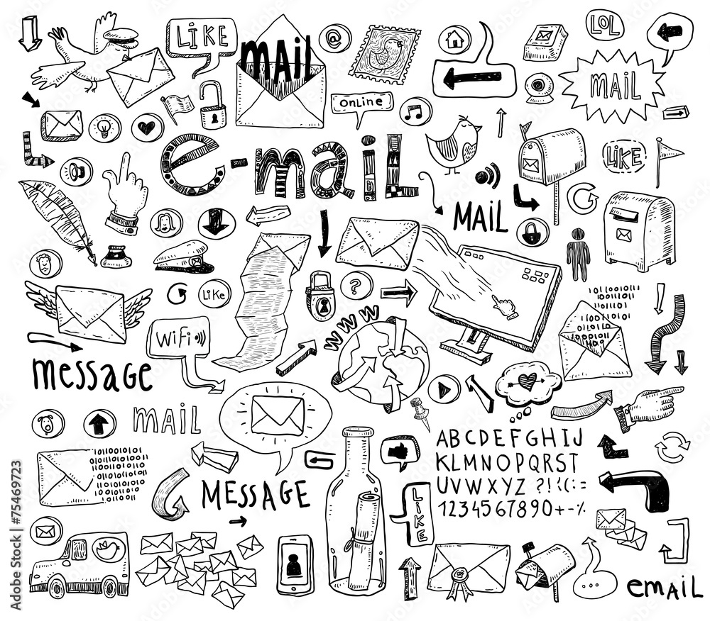 E-mail doodle set. Hand-drawn vector illustration.
