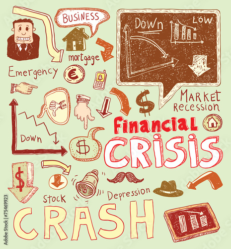 Financial crisis doodle, hand drawn illustration.